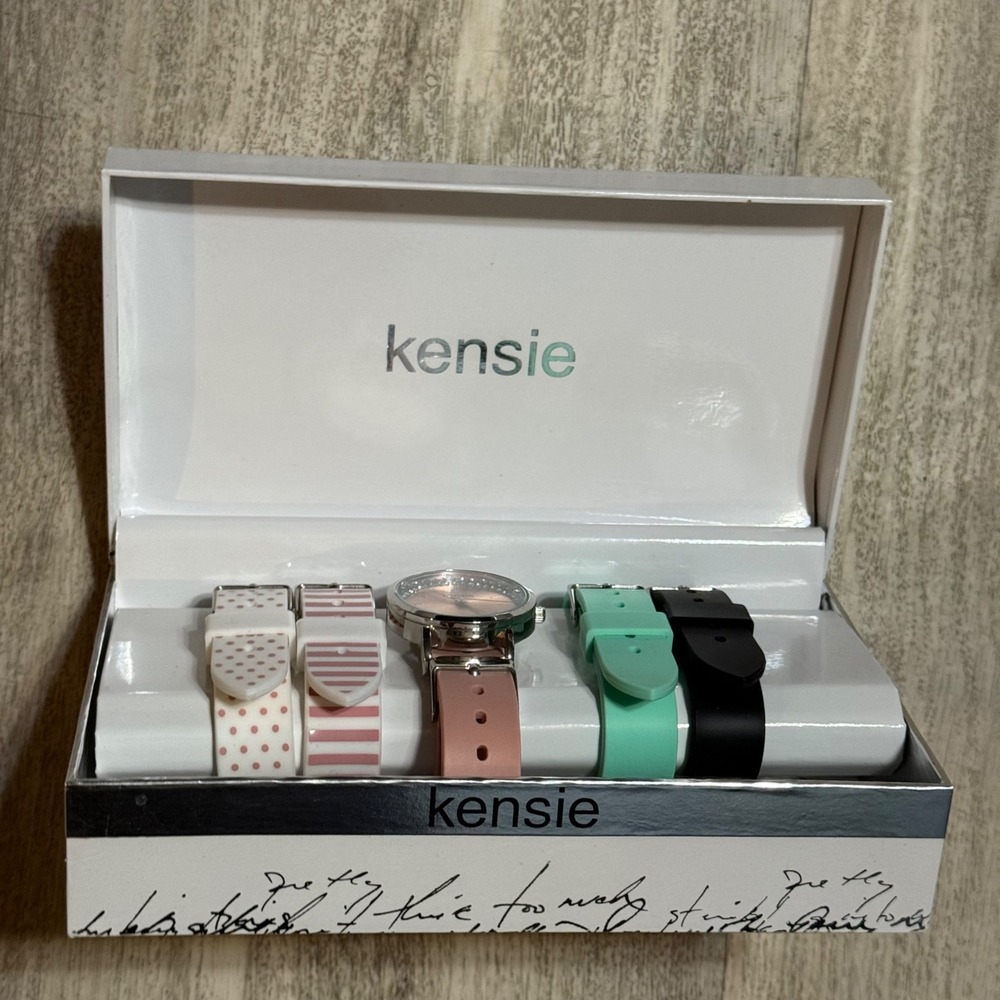 Kensie Womens Watch Set Pink Rose Gold Tone Bezel Interchangeable Straps